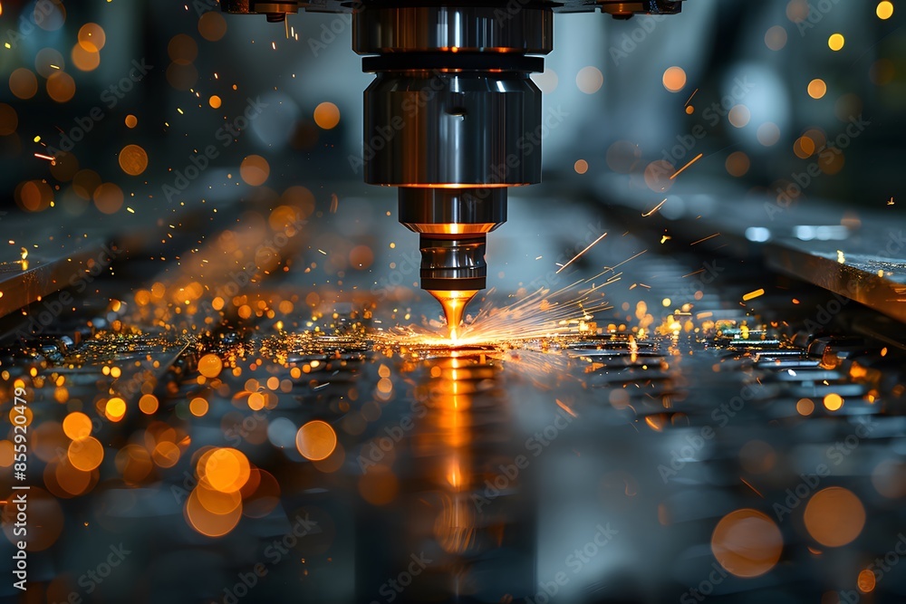 Industrial Precision Laser Cutting Machine with Sparks in a High-Tech Factory Setting Industrial Precision Laser Cutting Machine with Sparks in a High-Tech Factory Setting