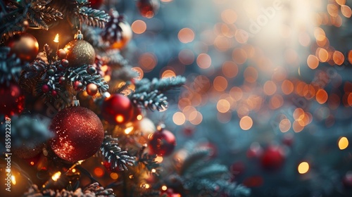 Close-up of a decorated Christmas tree with red and gold ornaments and twinkling lights, creating a festive and magical ambiance. © Chananporn
