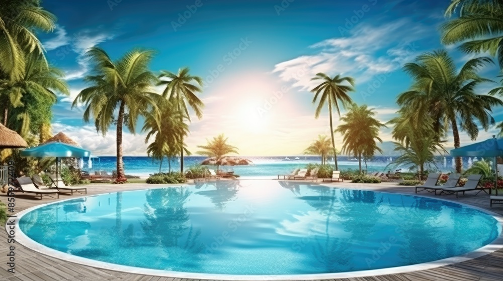 Fototapeta premium panoramic holiday landscape luxury beach poolside resort hotel swimming pool beach