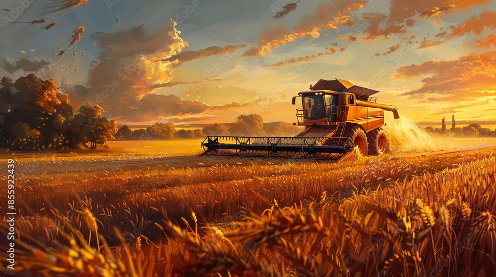 Obraz premium A combine harvester is a machine that cuts and collects ripe wheat during harvest.