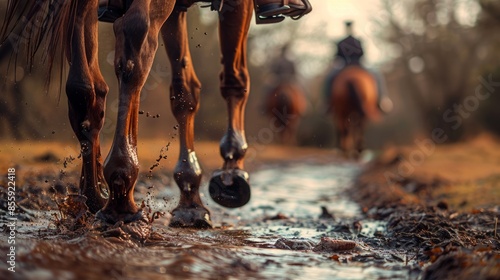 Close-up of a horse's legs walking through a muddy path, with another horse and rider in the background.