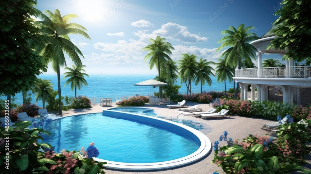 Fototapeta premium panoramic holiday landscape luxury beach poolside resort hotel swimming pool beach