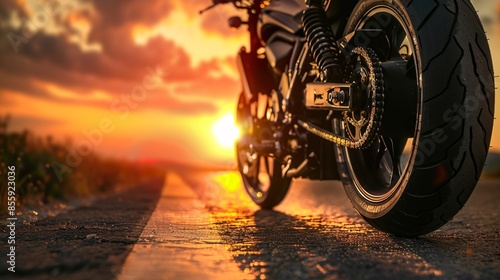 Motorcycle parked on road with sunset background.