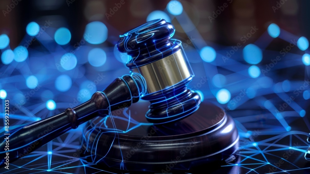 Judicial gavel surrounded by blue digital connections, symbolizing law in the age of technology and online justice. Judicial gavel surrounded by blue digital connections, symbolizing law in the age of technology and online justice.