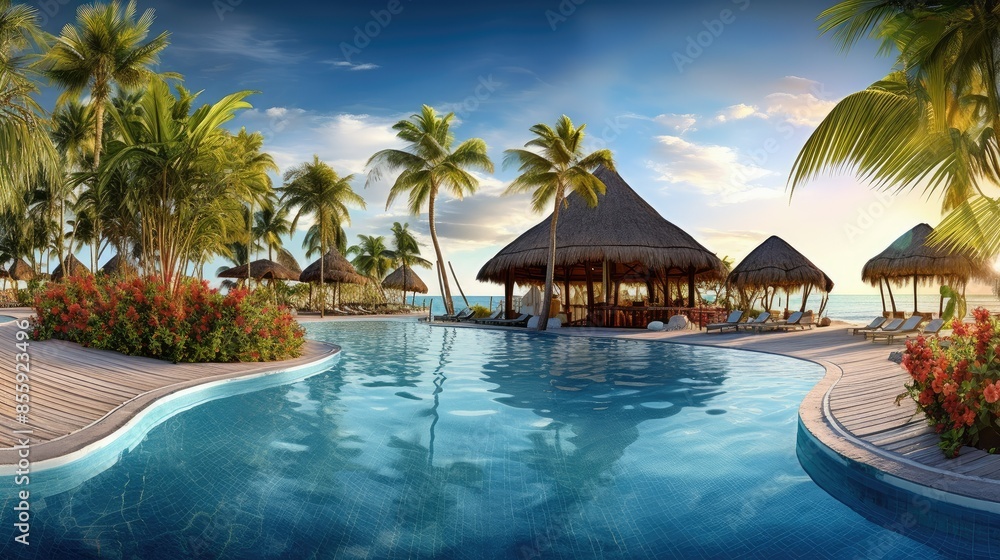 Naklejka premium panoramic holiday landscape luxury beach poolside resort hotel swimming pool beach