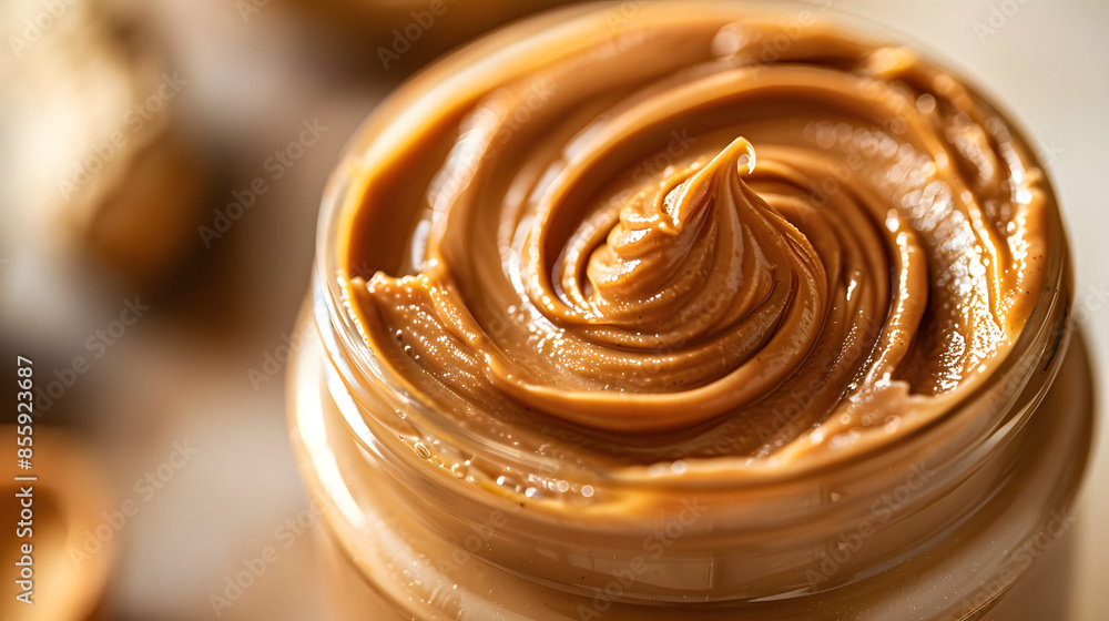 Close up of a thick, creamy peanut butter swirl in a gourmet, organic jar with a shiny, rich texture, perfect for a nutritious, proteinpacked snack or spread Close up of a thick, creamy peanut butter swirl in a gourmet, organic jar with a shiny, rich texture, perfect for a nutritious, proteinpacked snack or spread