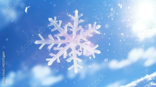 snowflake with beautiful light and snowflakes on blue sky