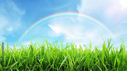 Green grass field, blue sky rainbow, background nature