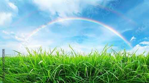 Green grass field, blue sky rainbow, background nature