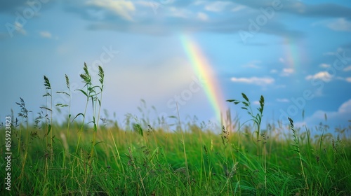 Green grass field, blue sky rainbow, background nature