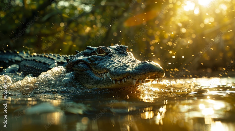 Fototapeta premium A crocodile swimming in a sunlit river, captured in stunning detail. Perfect for nature and wildlife enthusiasts and educational purposes.