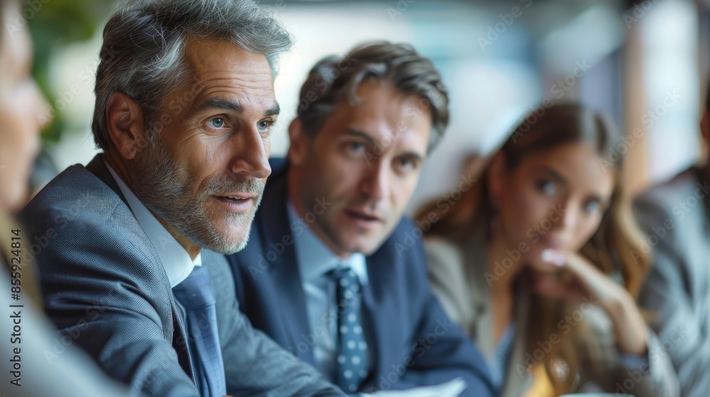 Obraz premium A group of people are sitting around a table, with two men wearing suits