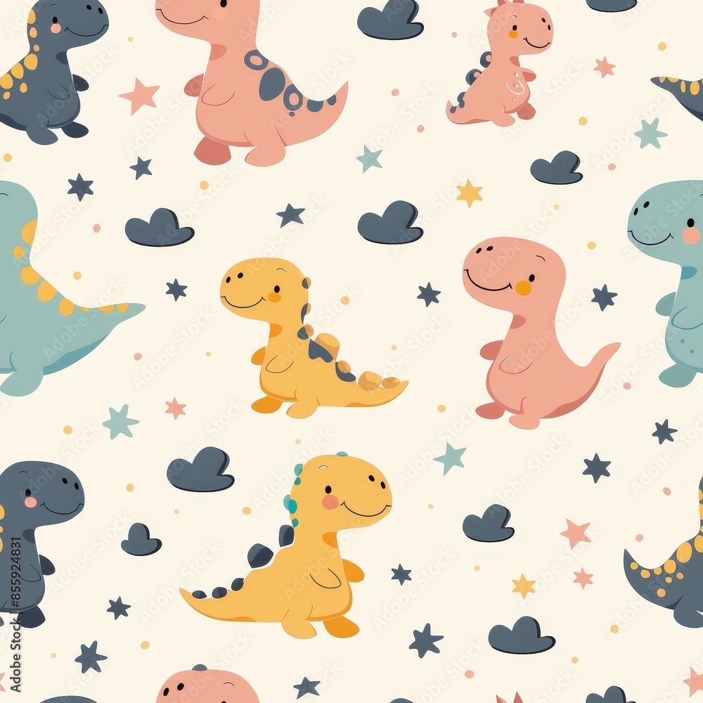 A pattern of cartoon dinosaurs with stars and clouds A pattern of cartoon dinosaurs with stars and clouds