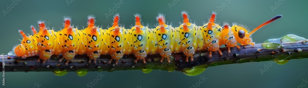 A long, yellow and orange caterpillar with black spots on its head and ...