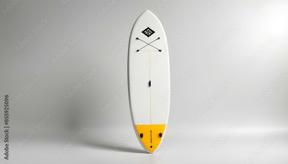 Studio photograph of a stand-up paddle board with natural lighting and shadows on a solid white surface.
Studio photograph of a stand-up paddle board with natural lighting and shadows on a solid white surface.