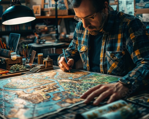 Focused individual working meticulously on a detailed map under a desk lamp in a cozy, cluttered workspace, wearing plaid shirt and glasses. photo