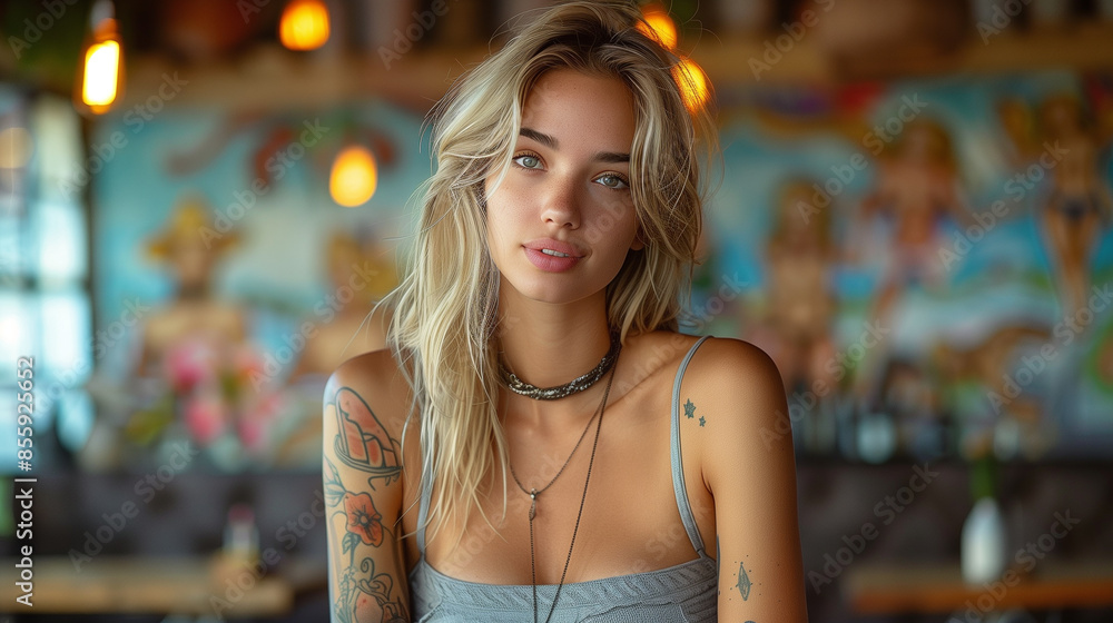 A young woman with blonde hair and tattoos gazes directly into the camera while sitting in a cafe A young woman with blonde hair and tattoos gazes directly into the camera while sitting in a cafe
