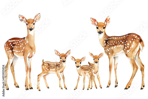 Fototapeta Naklejka Na Ścianę i Meble -  Watercolor painting realistic Set baby deers and mama doe on white background. Clipping path included.