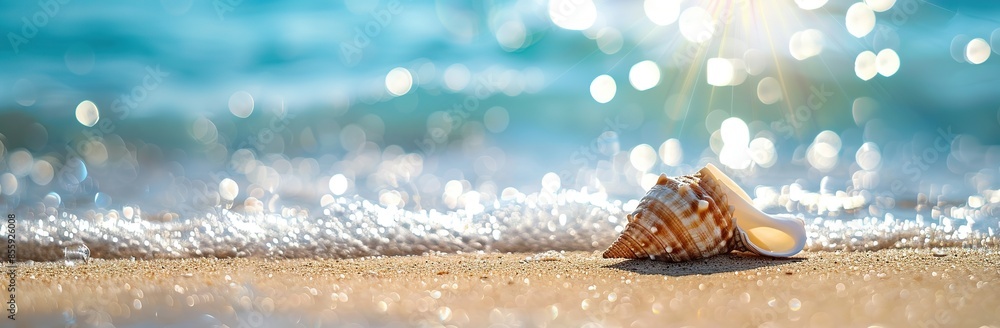 Colorful Conch Shell on Sandy Beach, Nature Serenity and Romanticism Colorful Conch Shell on Sandy Beach, Nature Serenity and Romanticism