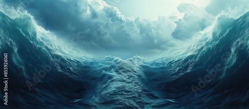 Fototapeta Naklejka Na Ścianę i Meble -  Sea opening up creating a land passage. Parting of the red sea conceptual theme. Copy space image. Place for adding text and design