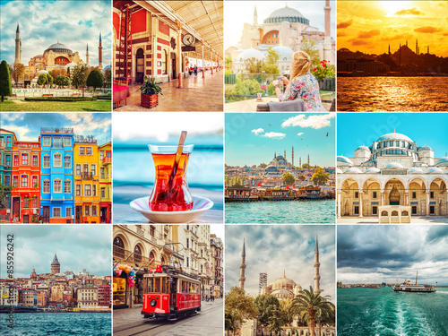 Photography Collage of famous tourist places in Istanbul, Turkey.
