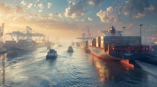 Busy Commercial Harbor with Container Ships on Sunny Day - Hyperrealistic Photography with Canon EOS 6D Mark II photo