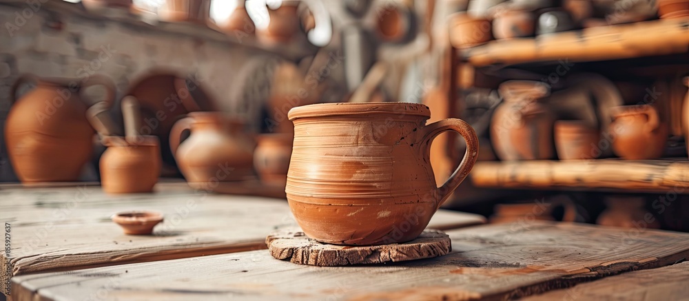 A handmade clay mug in a ceramist's workshop.Small business,entrepreneurship,hobby, handmade,susntainability concept. Copy space image. Place for adding text and design A handmade clay mug in a ceramist's workshop.Small business,entrepreneurship,hobby, handmade,susntainability concept. Copy space image. Place for adding text and design