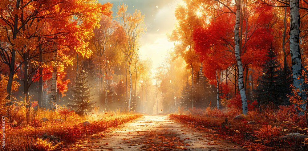 Sunset in the autumn forest. Created with Ai Sunset in the autumn forest. Created with Ai