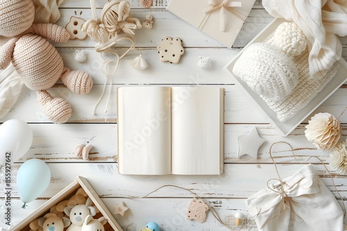 Book surrounded by table items in close up