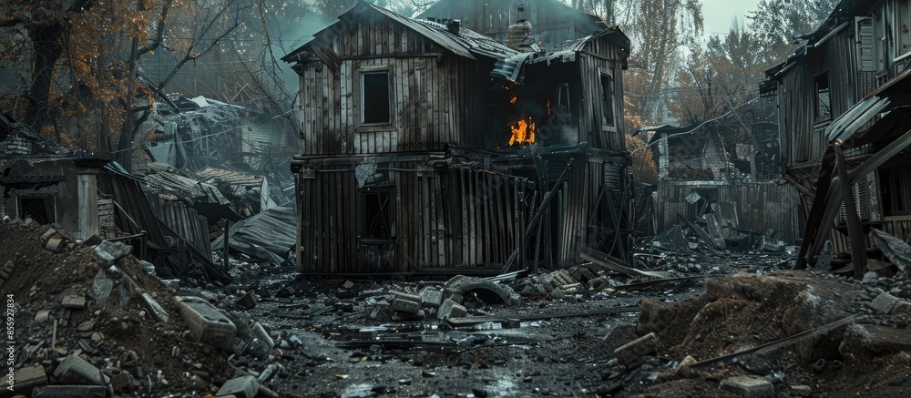 Blackground The old wooden house in the slum caused a fire in the ruins. Copy space image. Place for adding text and design Blackground The old wooden house in the slum caused a fire in the ruins. Copy space image. Place for adding text and design