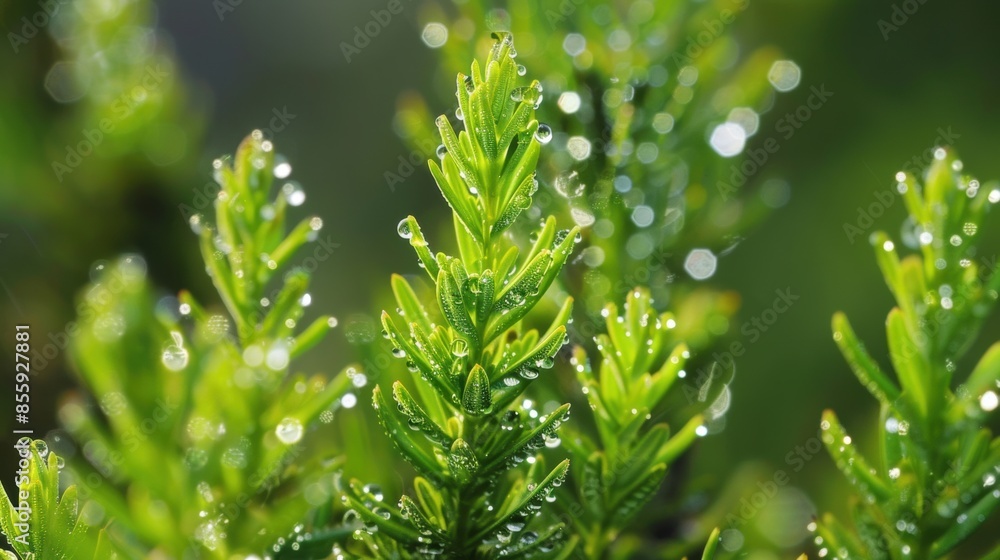 Green coniferous plant with dew drops. Macro shot. Nature and freshness concept. Green coniferous plant with dew drops. Macro shot. Nature and freshness concept.
