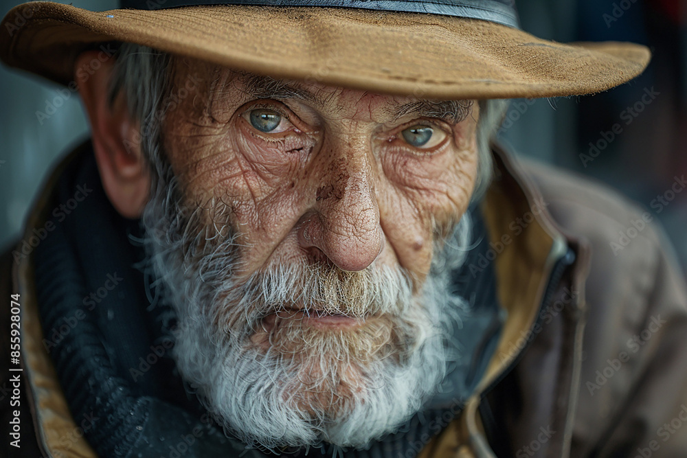Portrait of a homeless senior man with a forlorn look, natural lighting, urban environment in the background Portrait of a homeless senior man with a forlorn look, natural lighting, urban environment in the background