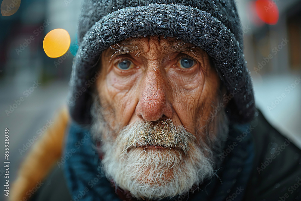 Portrait of a homeless senior man with a forlorn look, natural lighting, urban environment in the background Portrait of a homeless senior man with a forlorn look, natural lighting, urban environment in the background
