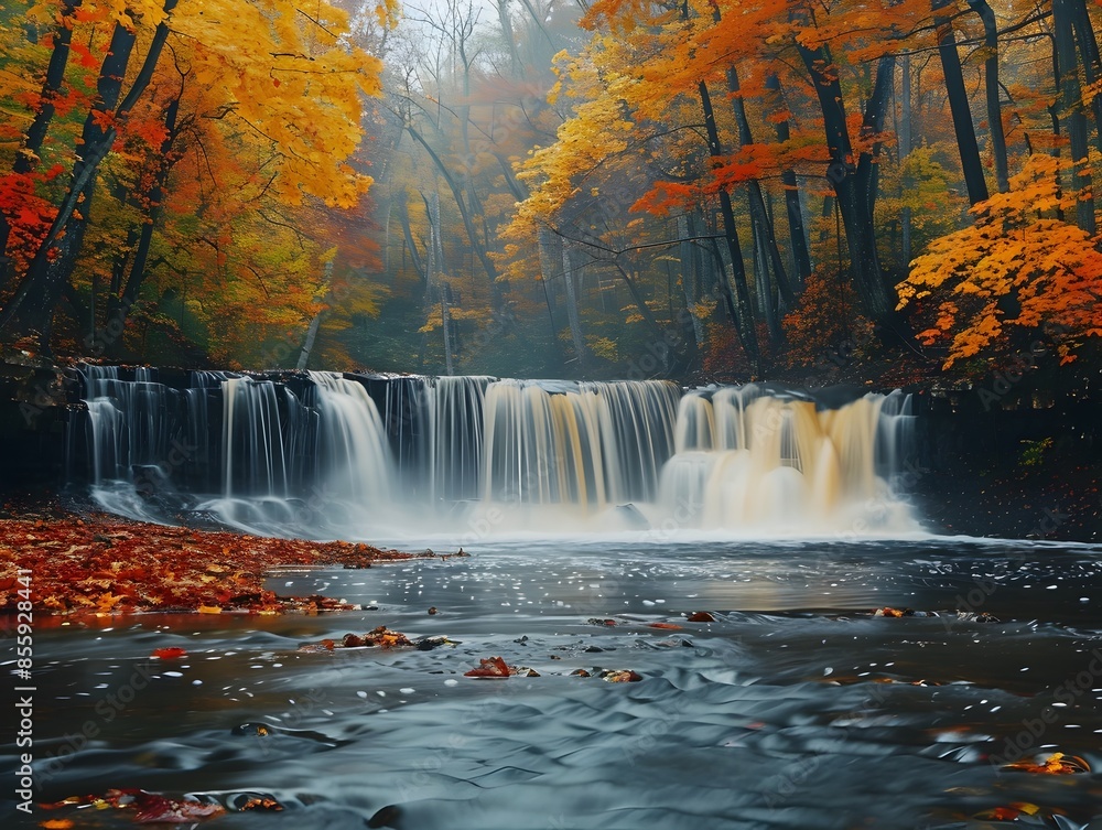 Enchanting Autumn Waterfall in Lush Forest Landscape Enchanting Autumn Waterfall in Lush Forest Landscape