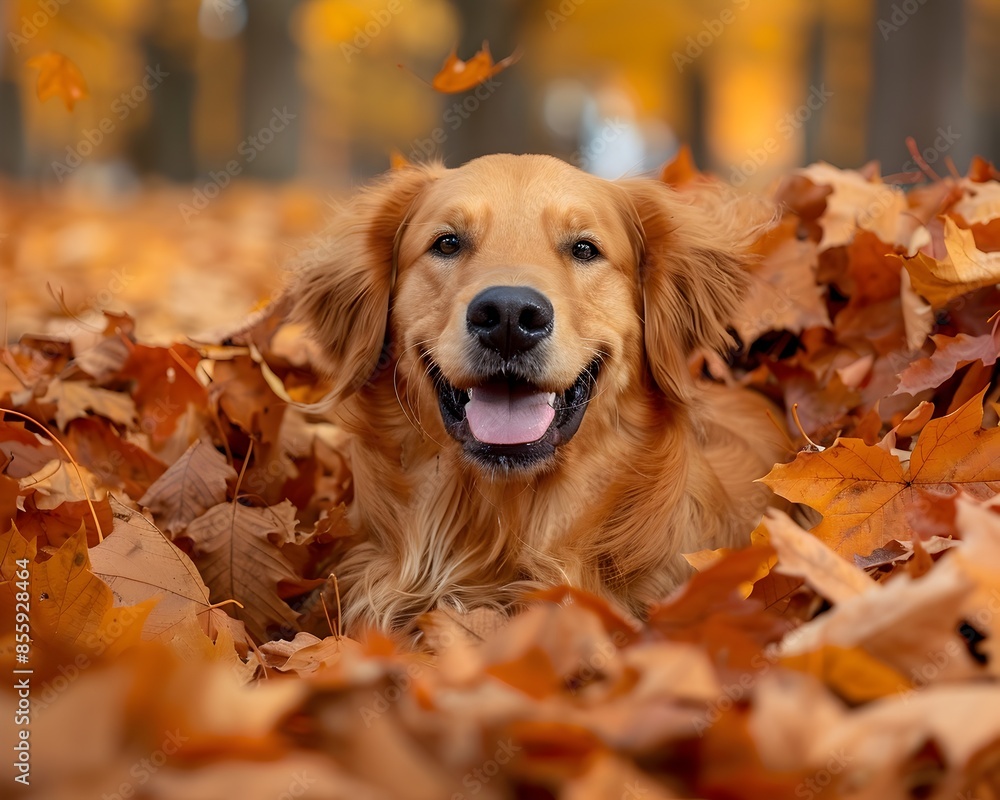 Joyful Golden Retriever Playfully Jumping in Autumn Leaves Outdoors Joyful Golden Retriever Playfully Jumping in Autumn Leaves Outdoors