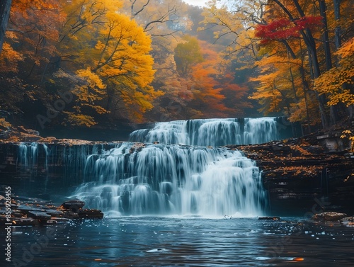 Mesmerizing Autumn Waterfall Surrounded by Vibrant Foliage and Serene Forest Landscape