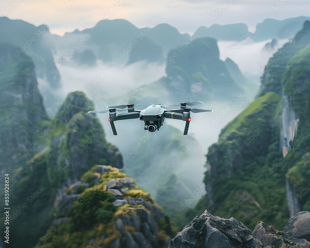 Fototapeta premium Panoramic Aerial View of Misty Mountain Landscape Captured by Drone with 360 Degree