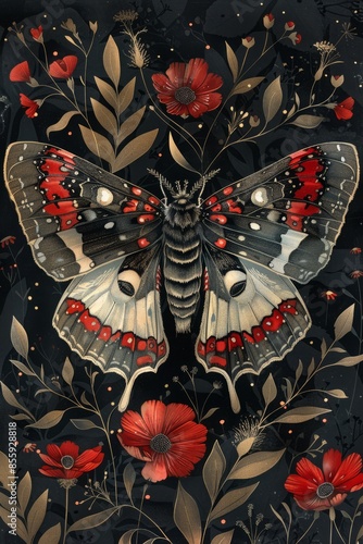 Butterfly, vintage flowers on a dark background, in the style of Dark Enchantment (Black, Silver, Deep Burgundy), occultism inspired photo