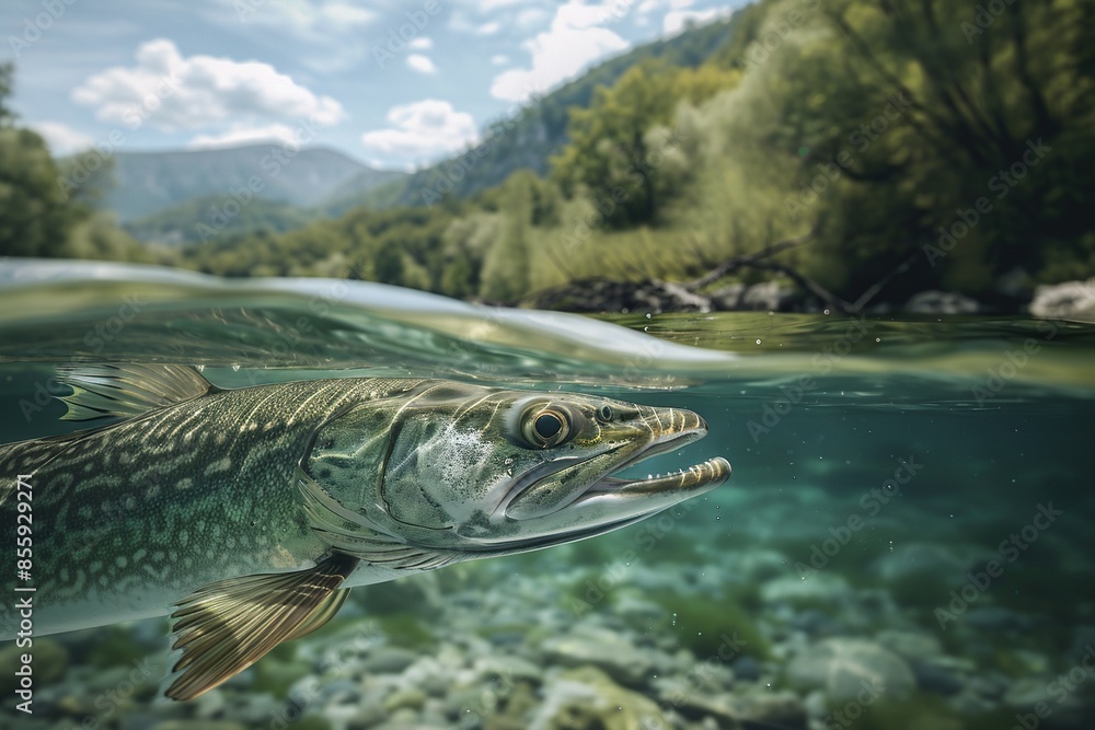 Fototapeta premium Gar fish lurking beneath the lakes surface. Ai generative