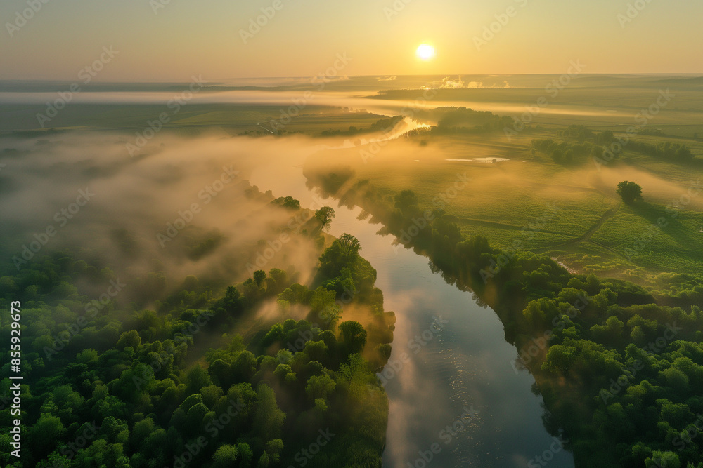 Tranquil Spring Morning: Aerial View of River in Misty Sunrise Tranquil Spring Morning: Aerial View of River in Misty Sunrise