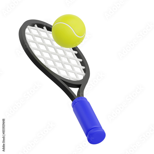 3D render racket and ball tennis icon illustration. Isolated on transparent background