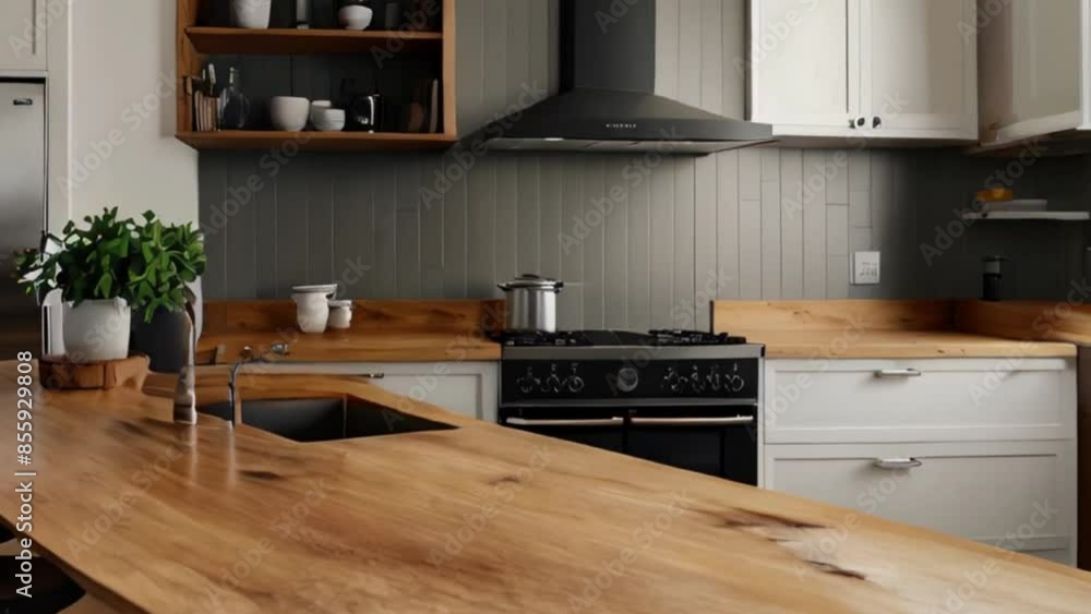 Modern Kitchen with Wooden Countertops, White Cabinets, and Black Range Hood Modern Kitchen with Wooden Countertops, White Cabinets, and Black Range Hood