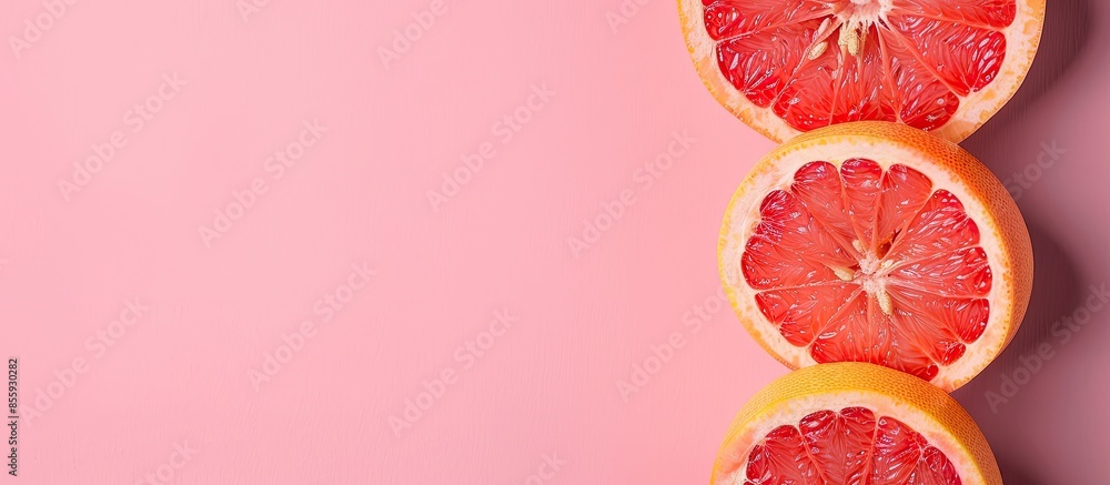 Grapefruit sliced on pastel pink background. Minimal fruit concept. Copy space image. Place for adding text or design Grapefruit sliced on pastel pink background. Minimal fruit concept. Copy space image. Place for adding text or design