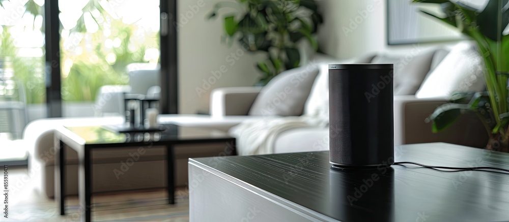 Smart loudspeaker in a smart Home on a piano in a living room. Empty copy space for Editor's text. Copy space image. Place for adding text or design Smart loudspeaker in a smart Home on a piano in a living room. Empty copy space for Editor's text. Copy space image. Place for adding text or design