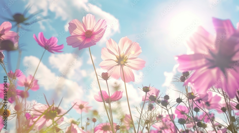 Blooming cosmos flowers under a sunny sky Blooming cosmos flowers under a sunny sky