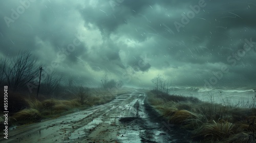 stormy rural road with dark clouds and rain creating a dramatic moody landscape © pier