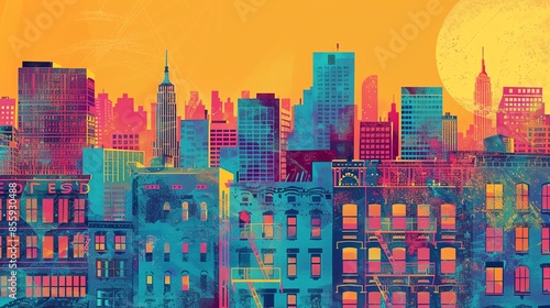 Wallpaper Mural Vibrant abstract cityscape showcasing colorful buildings against an orange sky, capturing urban energy and artistic flair. Torontodigital.ca
