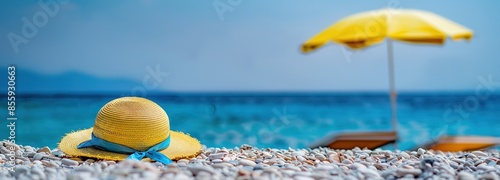 Close-up of Yellow Straw Hat with Blue Ribbon on Beach