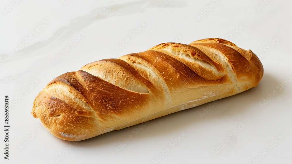 A long loaf of French bread sits alone on a white surface. A long loaf of French bread sits alone on a white surface.