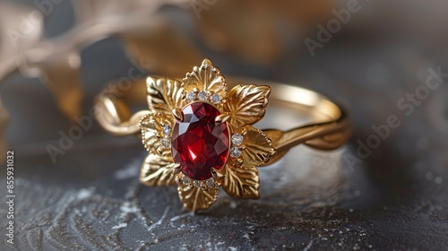 gold ring with ruby gemstone and diamond accents in floral design on dark background